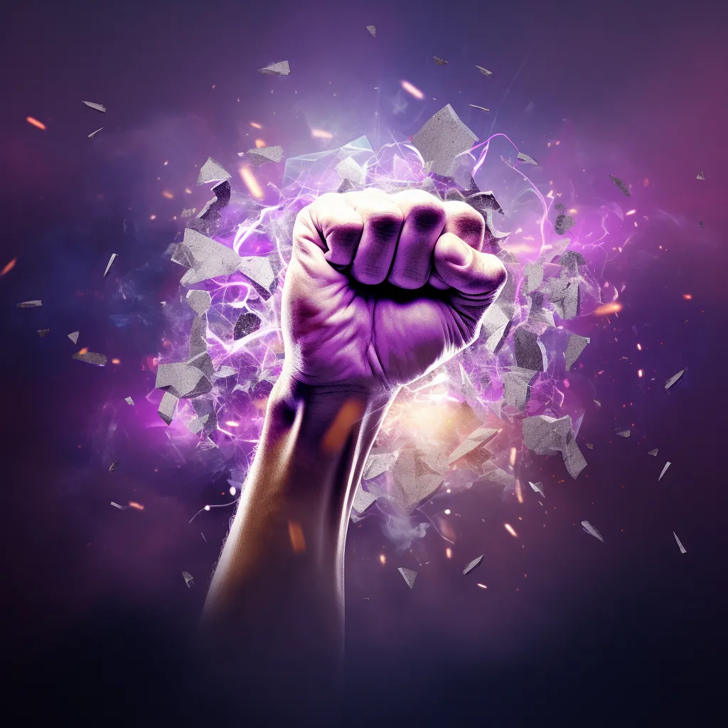  A powerful image of a clenched fist breaking through digital barriers, symbolizing the transformative impact of digital marketing on business success