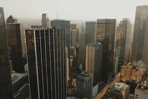 A view of the Dallas skyline from an aerial perspective