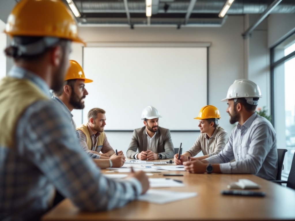 General contractors and subcontractors discussing project plans in a meeting.