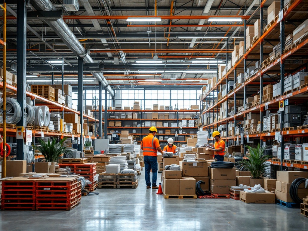 Electrical material supplier warehouse with stocked shelves and workers organizing materials.