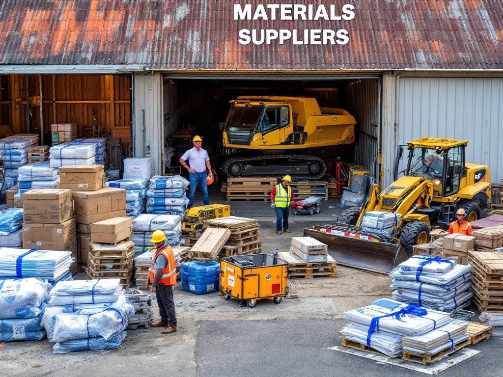 Material suppliers and equipment rental companies displaying construction materials and machinery.