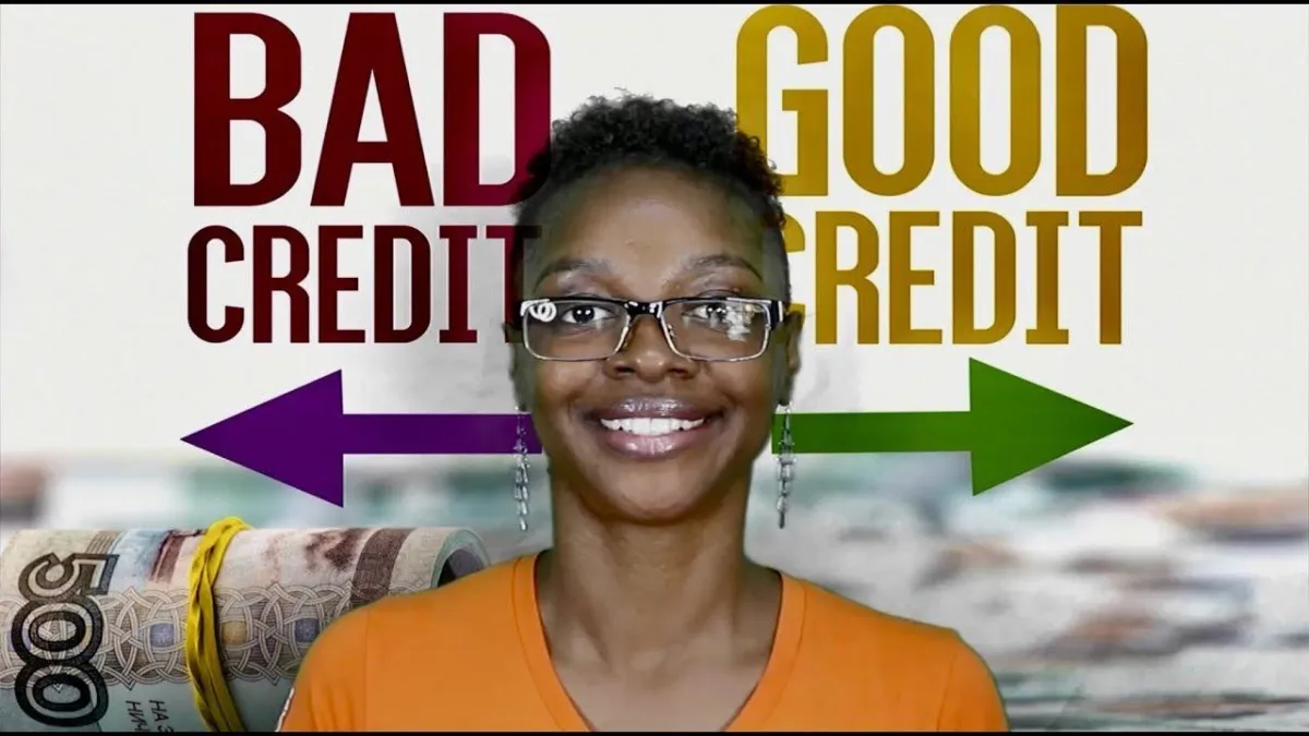A woman smiling in front of a background with the words 'Bad Credit' on the left in red and 'Good Credit' on the right in yellow, with arrows pointing from left to right, indicating the transition from bad credit to good credit.