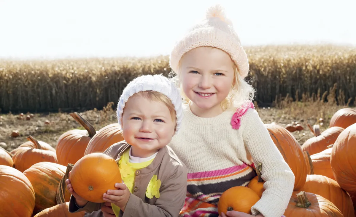 kids sitting in a pumpkin patch