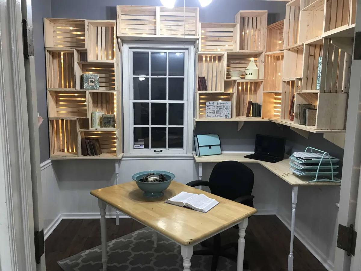 crate shelves in an office