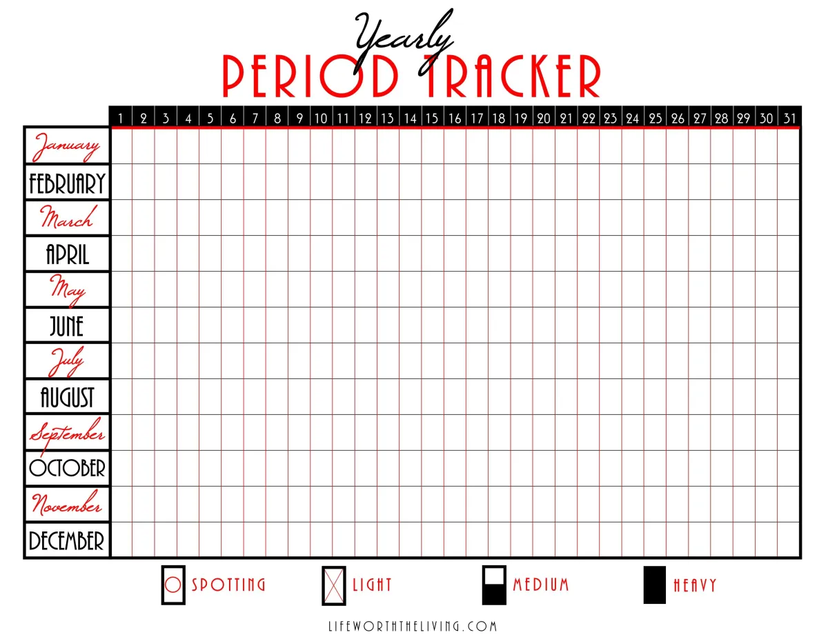 yearly period tracker printable