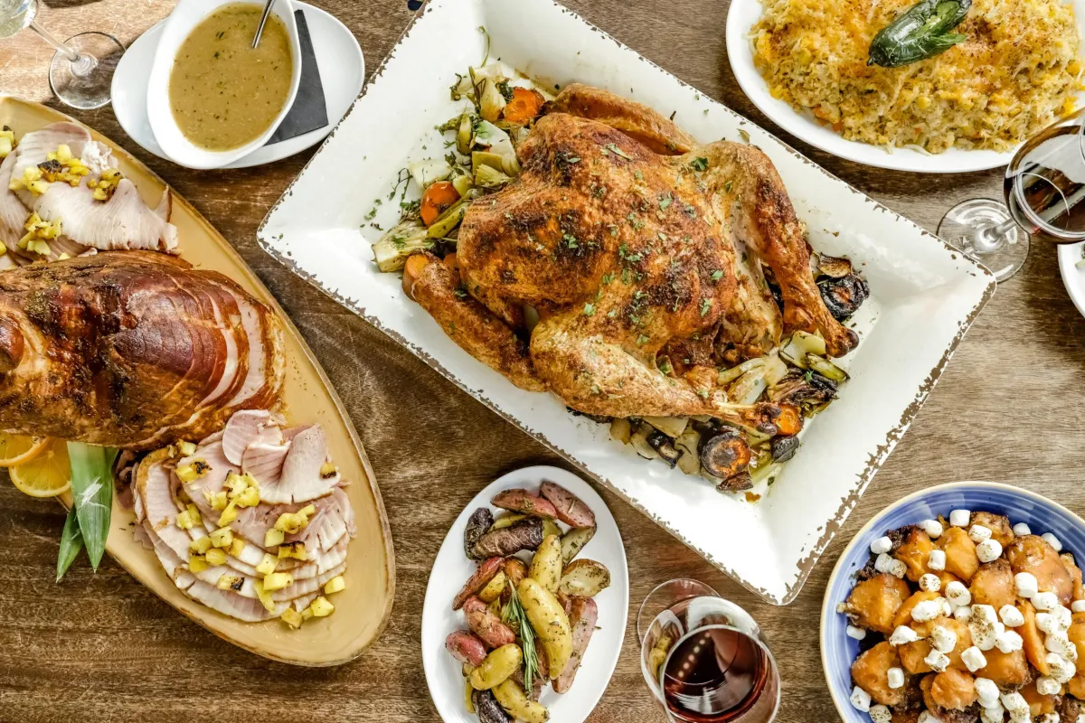 table spread with a Thanksgiving feast