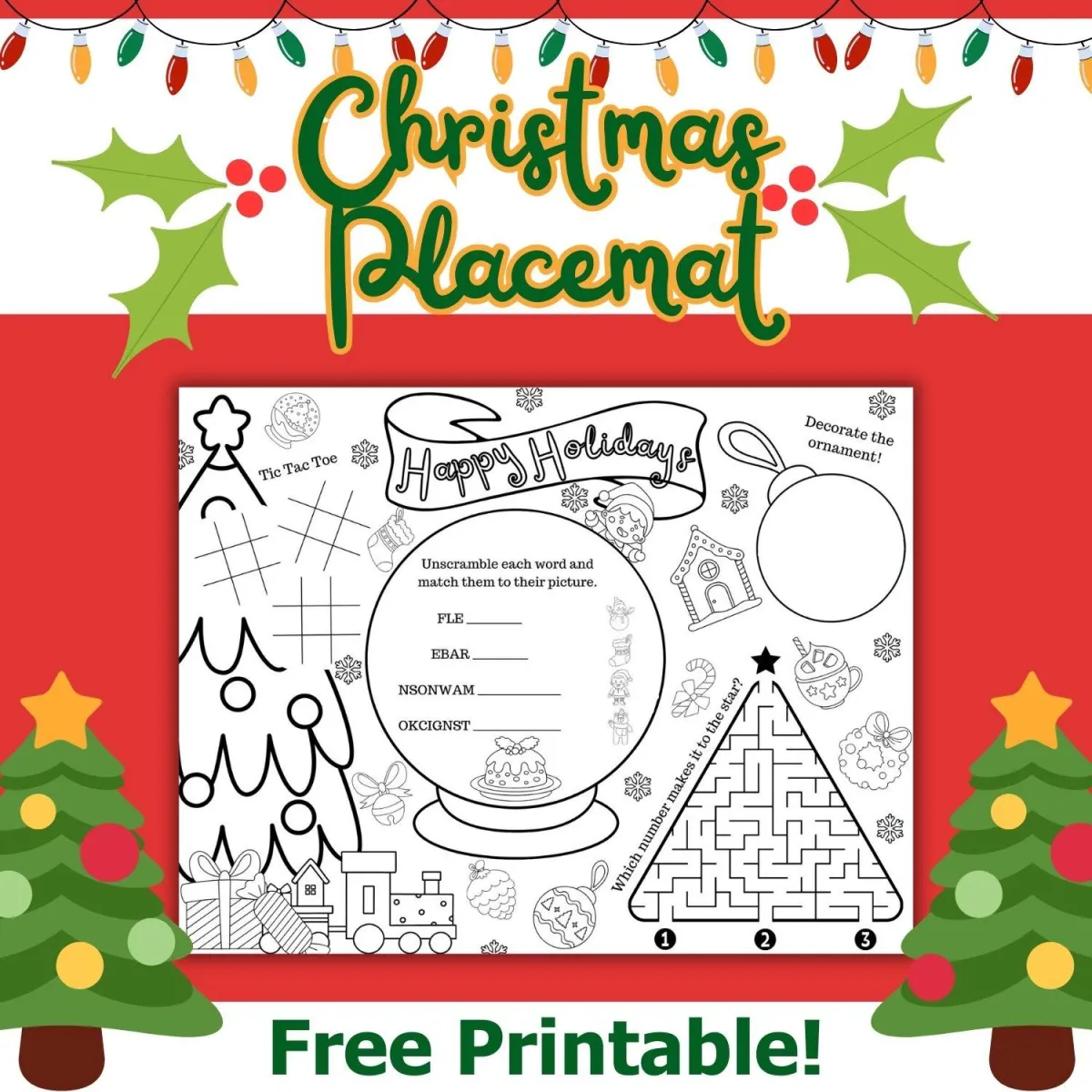 Christmas printable placemat for kids