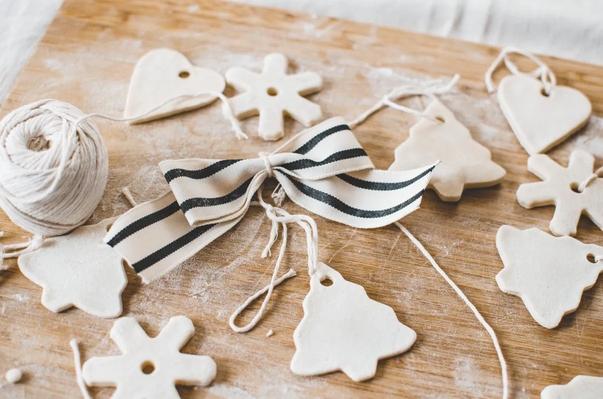 homemade decorations all laid out with ribbon