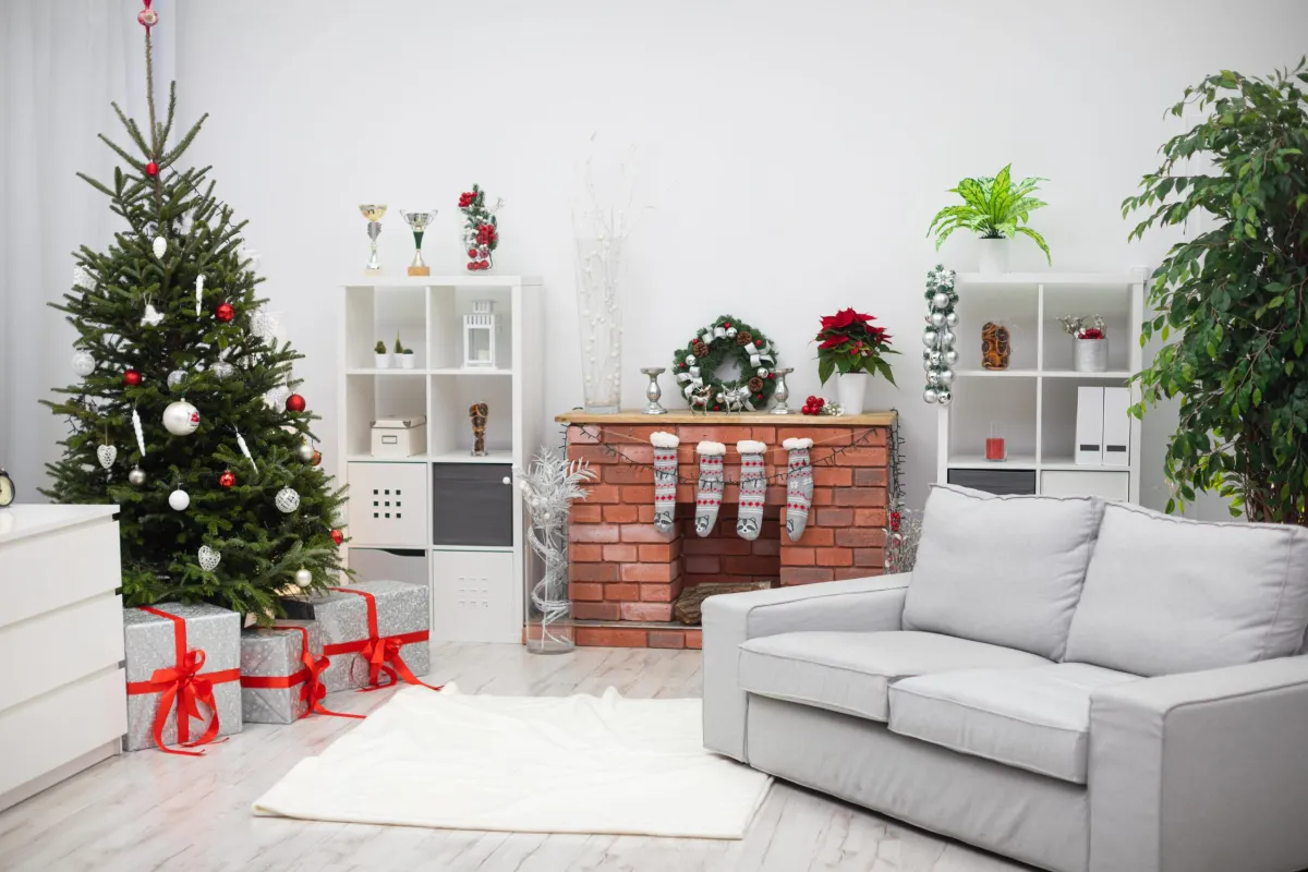 living room decorated for Christmas