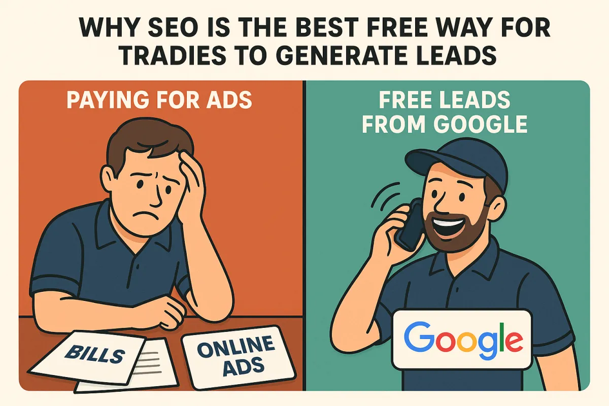 Illustration showing a frustrated tradie paying for ads on one side, and a happy tradie receiving free leads from Google on the other, highlighting SEO benefits.