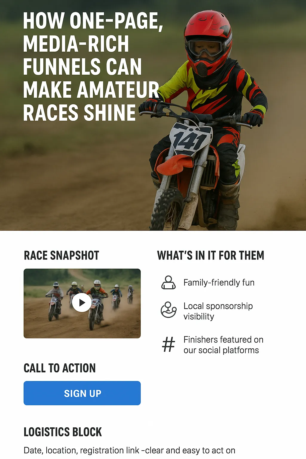Motor bike in action with a modern one-page funnel mockup overlay, showing how amateur racers can showcase sponsors and highlights using TradieBoost’s media-rich landing pages.