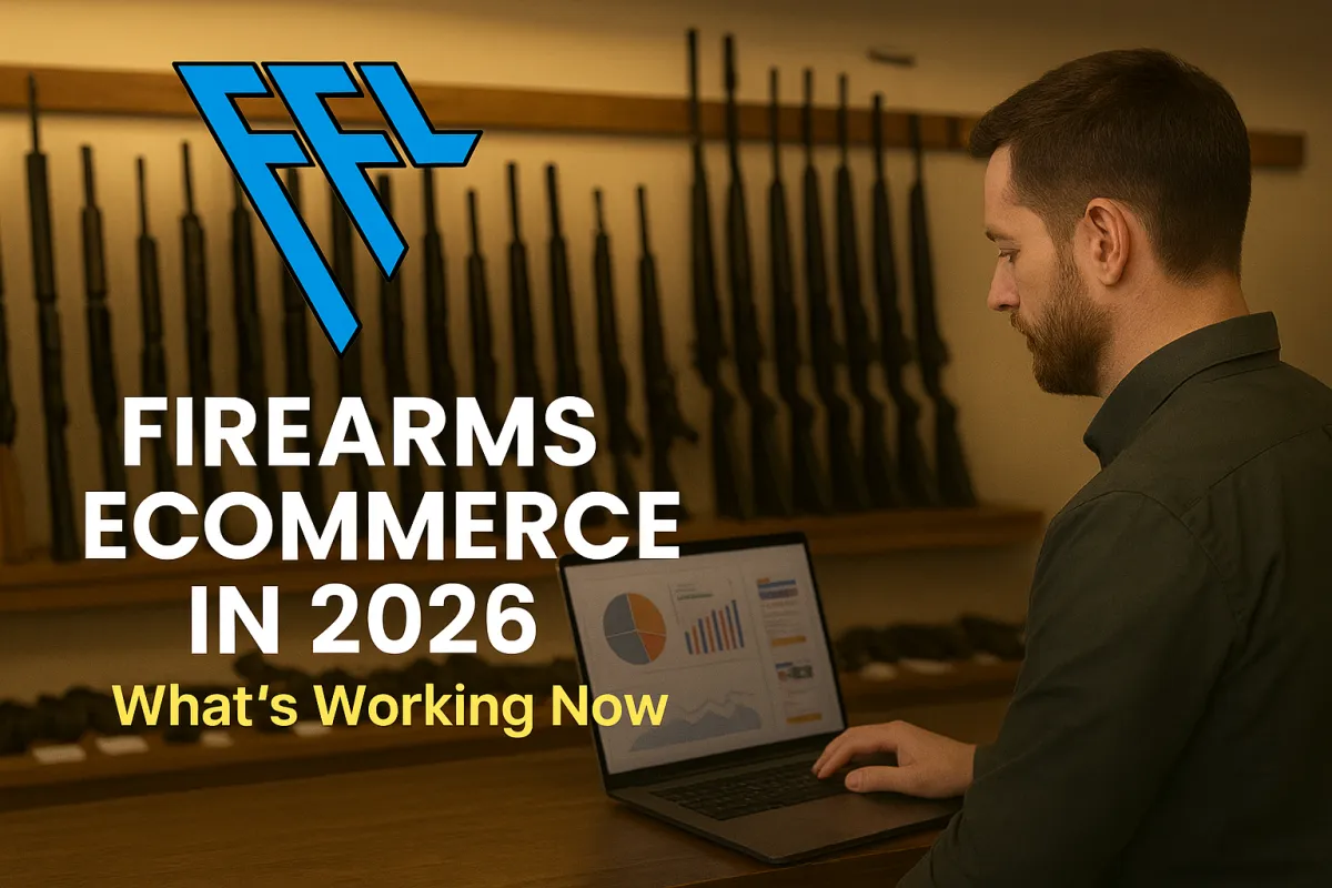 Modern gun store interior with rifles displayed on wall and pistols in glass case, overlaid headline “Firearms Ecommerce in 2026 – What’s Working Now for Dealers Who Actually Sell,” featuring FFL Funnels logo in the top left corner.