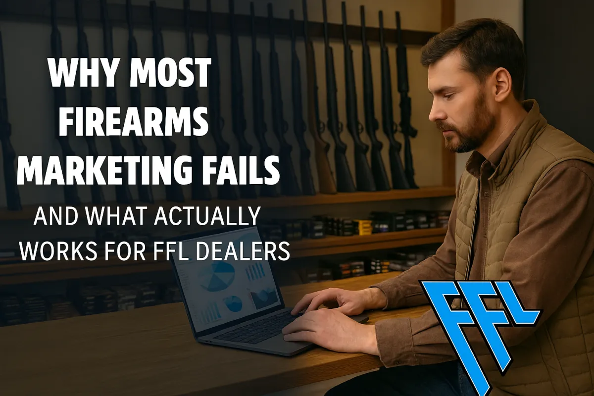 Modern gun store interior with rifles on display and pistols in a glass case, overlaid headline “Why Most Firearms Marketing Fails” with subheadline “And What Actually Works for FFL Dealers,” featuring FFL Funnels logo in the bottom right corner.