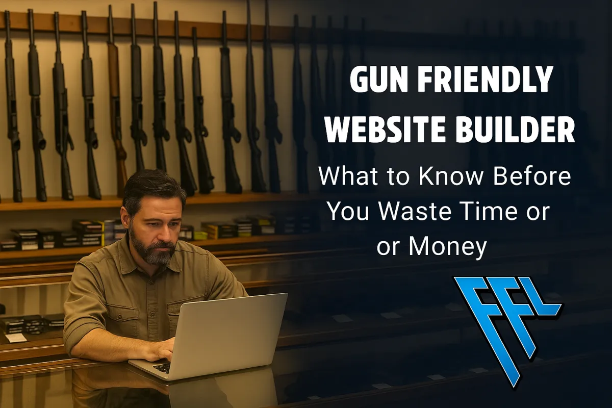 Modern gun store interior with rifles on the wall and pistols in a display case, overlaid headline text “Gun Friendly Website Builder – What to Know Before You Waste Time or Money,” featuring the blue FFL Funnels logo in the bottom right corner.