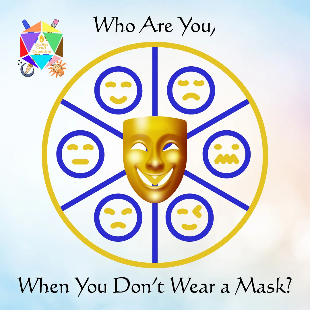 Graphic shows a golden Mask surrounded by different emotions in a wheel like pattern. Text reads, Who are You when You don't wear a Mask? and there is a logo for Healing Craft Coaching in the upper left corner