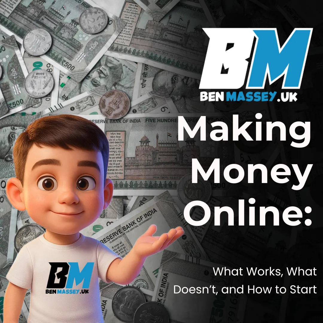 Cartoon Ben Massey highlighting 'Making Money Online' text for blog about online income methods.