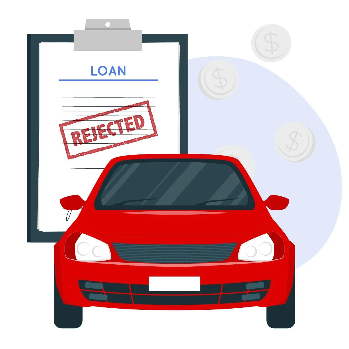 Illustration of a car loan application form with rejection stamp on it