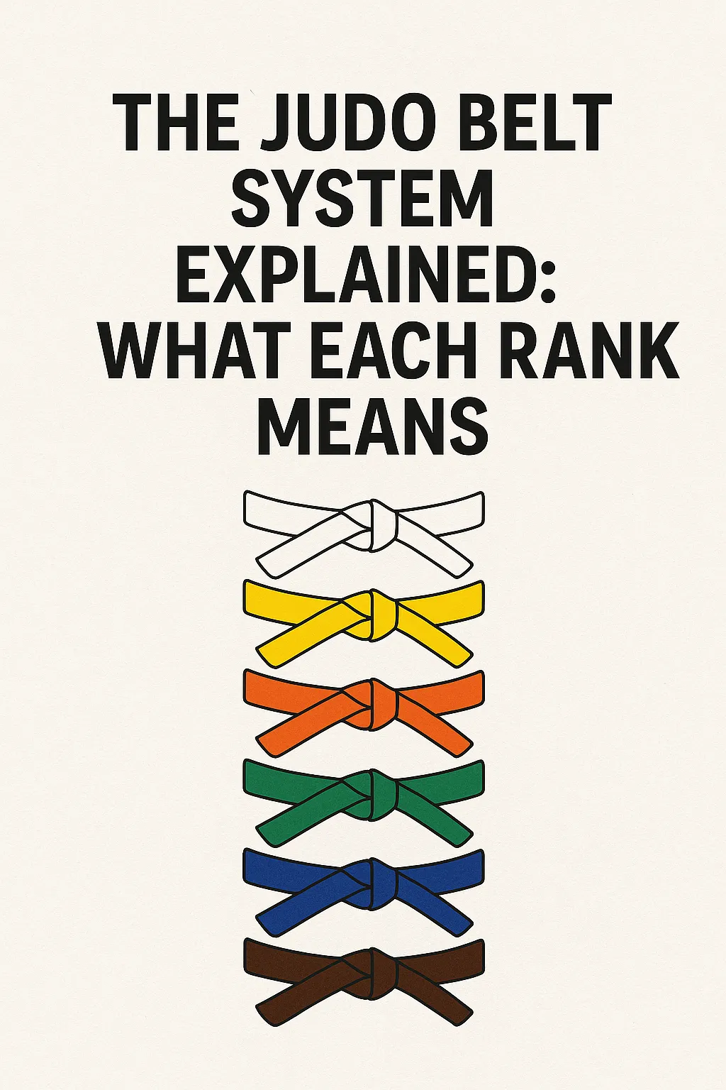 Digital graphic showing the title “The Judo Belt System Explained: What Each Rank Means” above a vertical lineup of Judo belts in order of progression: white, yellow, orange, green, blue, and brown—displayed on a clean, off-white background.