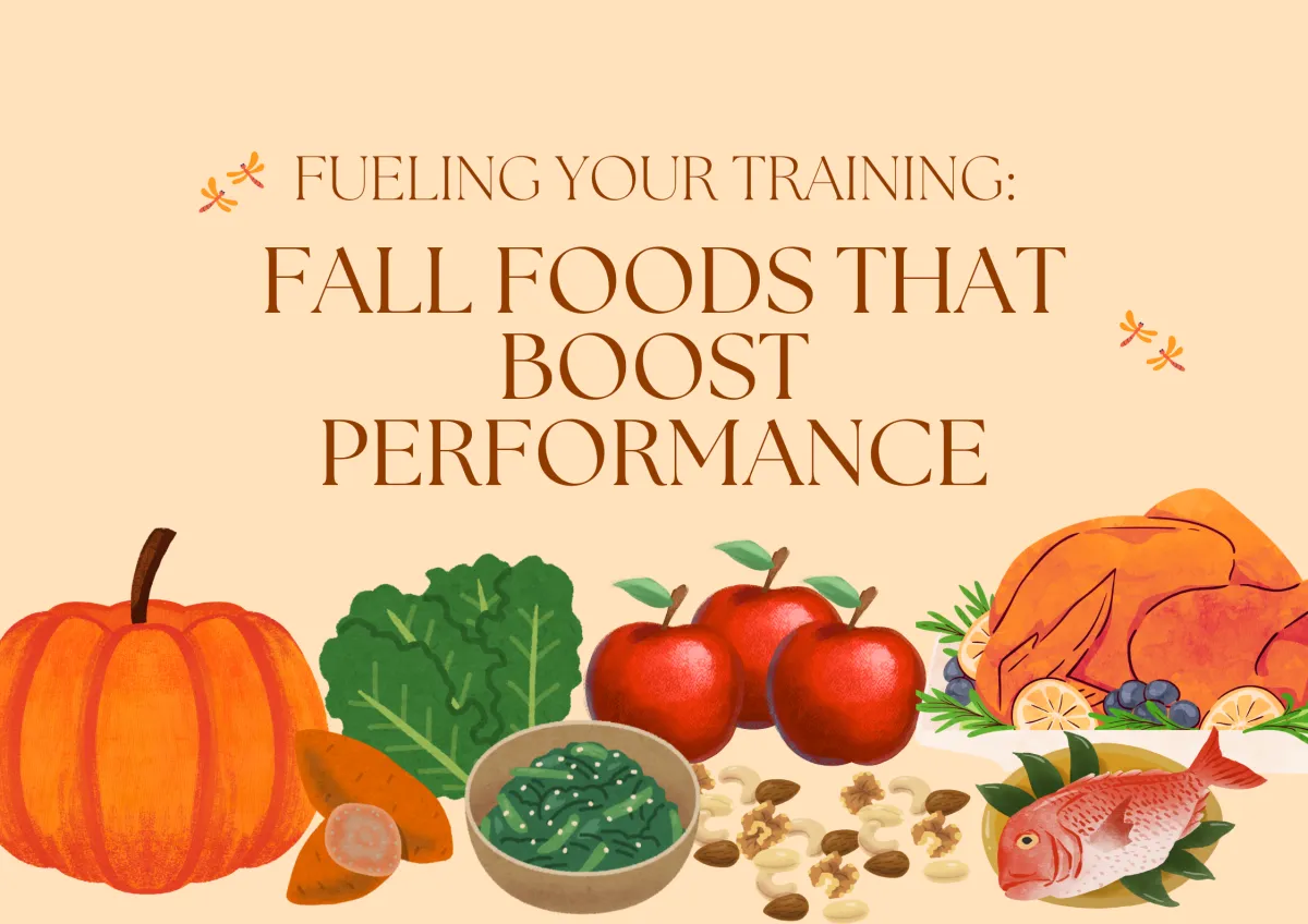Digital graphic with the title “Fueling Your Training: Fall Foods That Boost Performance,” featuring autumn-themed foods like pumpkin, apples, and sweet potatoes alongside BJJ imagery.