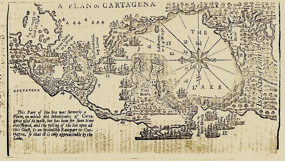 Un mapa antiguo del Caribe con una ilustración de un galeón frente a la bahía de Cartagena.