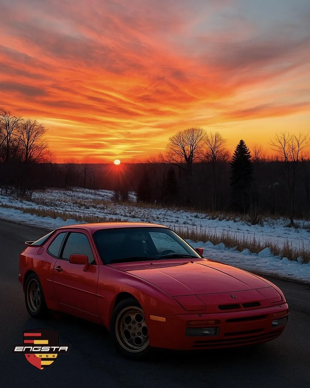Porsche 944 Turbo with snowy country background with sunset