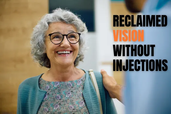 Victoria, smiling with confidence, shares her positive experience about the Macular Program with others in a clinic waiting room. The scene conveys hope and the potential for improved vision health through innovative treatment.