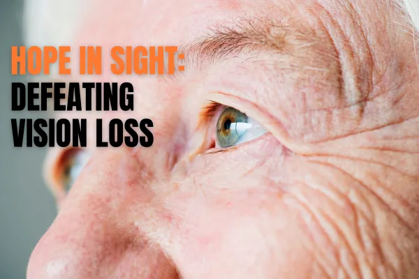 Close-up of a bright, clear eye reflecting a lush, green landscape and blue sky, symbolizing renewed vision and hope after overcoming macular degeneration.