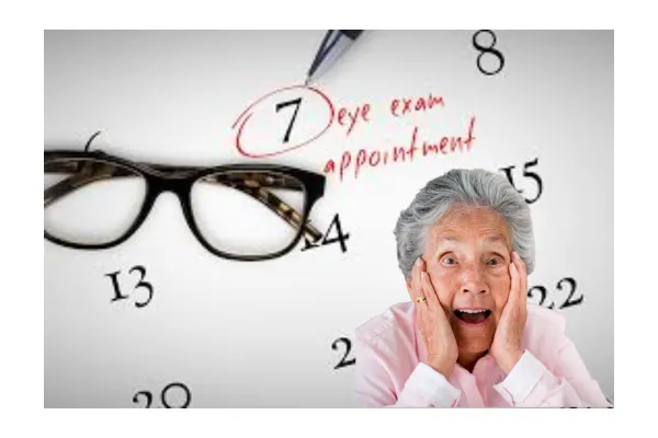 An elderly woman with gray hair and a shocked expression holds her face in surprise. Behind her, a calendar shows a date circled in red with the words "Eye exam appointment" written on it. A pair of eyeglasses rests on the calendar, emphasizing the theme of vision and eye care.