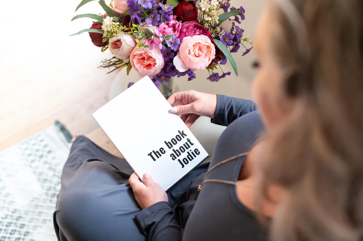 Jodie reading a book about herself