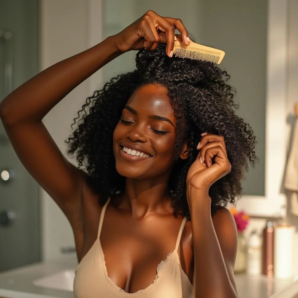 Professional Black woman with beautiful 4C natural hair demonstrating proper detangling technique, using wide-tooth comb on wet moisturized hair, warm natural lighting, modern bathroom setting, peaceful expression, hair care products visible in background, realistic photography style