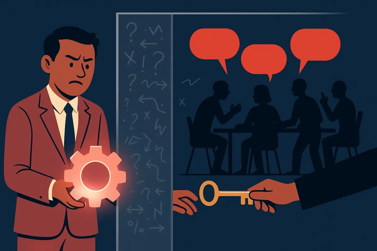 A doodle of an executive separated from a boardroom by a transparent wall with confusing symbols, representing the invisible script, while being handed a golden key to unlock it.