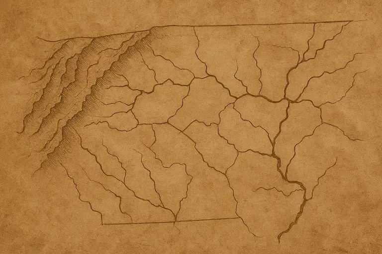 Antique-style parchment map with no text, featuring winding rivers, mountain ranges, and irregular land boundaries, designed to resemble 18th-century cartographic artwork.