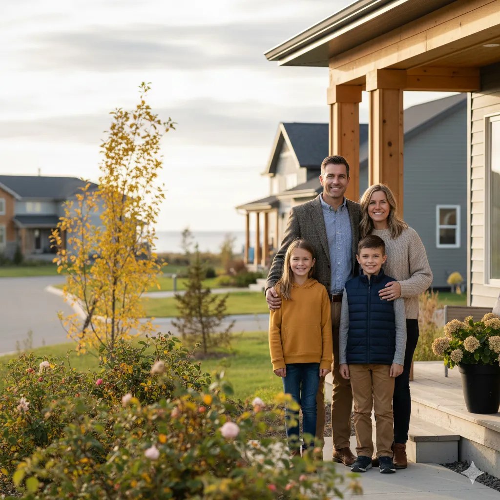 A warm, professional photo of a Canadian family standing in front of their home, smiling and feeling secure, natural light, soft colors, modern lifestyle, realistic photography, high quality, shallow depth of field, no text, no logos, New Brunswick / Nova Scotia suburban style