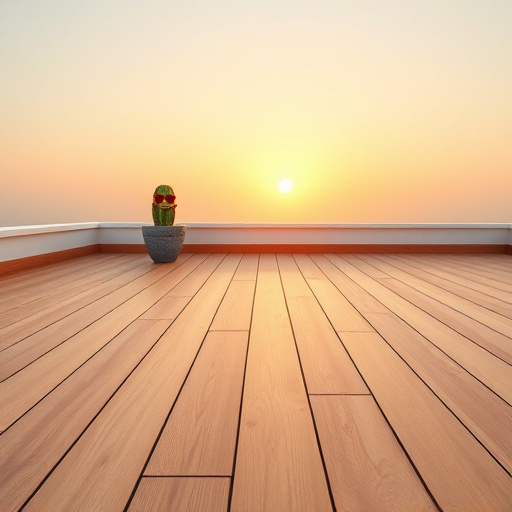 A minimalist blog cover image depicting a serene rooftop scene with a smooth, wooden decking surface characterized by subtle, geometric lines that emphasize precision and craftsmanship. The scene conveys professionalism and reliability, featuring a cheerful potted cactus wearing sunglasses in one corner and a playful arrangement of colorful tools, including a smiling hammer, on the opposite side. The background showcases a soft, pastel sky at sunset, adding to the calming atmosphere, while the earthy color palette of browns, gentle greens, and golden yellow enhances the warm, inviting feel of quality roofing solutions.