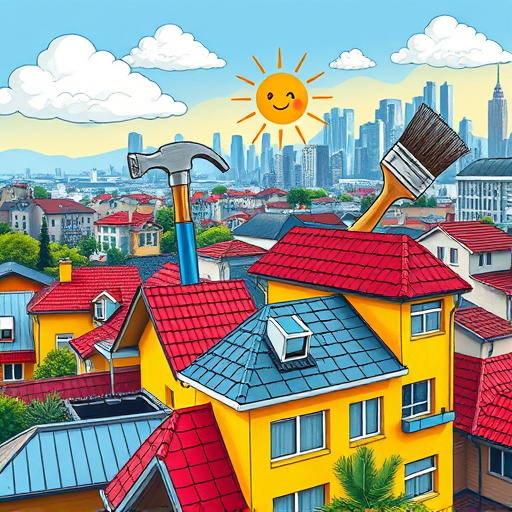 A vibrant street art cover image depicting a colorful rooftop landscape that represents a 'roofing business near me.' The focal point includes various types of roofs—metal, tiled, and sloped—decorated with oversized cartoonish tools like a hammer and paintbrush balanced on rooftops. The scene maintains a playful yet professional tone, creating an approachable atmosphere. Whimsical clouds shaped like shingles and animated, smiling sunbeams add personality to the art. In the background, a bustling urban neighborhood features abstract buildings with diverse architectural styles, complemented by a lively city skyline. The bright color palette of vibrant blues, sunny yellows, and rich reds enhances the playful mood while reflecting the energetic spirit of the roofing industry.