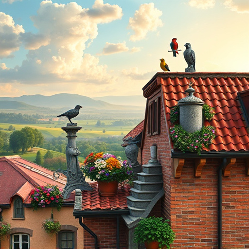 A whimsical Renaissance-inspired cover image featuring a charming rooftop garden atop a classic brick building. The scene showcases vibrant flowers overflowing from terracotta planters, with colorful birds perched on ornate gables. Gentle sunlight filters through soft clouds, creating dappled shadows on the garden. A winding artisan path leads through the lush greenery, adorned with intricate sculptures of mythical creatures and whimsical fountains. In the background, rolling hills and stately trees enhance the idyllic setting under a sky transitioning from soft blue to warm golden hues. The color palette includes rich earthy tones, deep greens, and warm pastels, evoking nostalgia and charm characteristic of the Renaissance period, while highlighting the theme of roofing in an inviting manner.