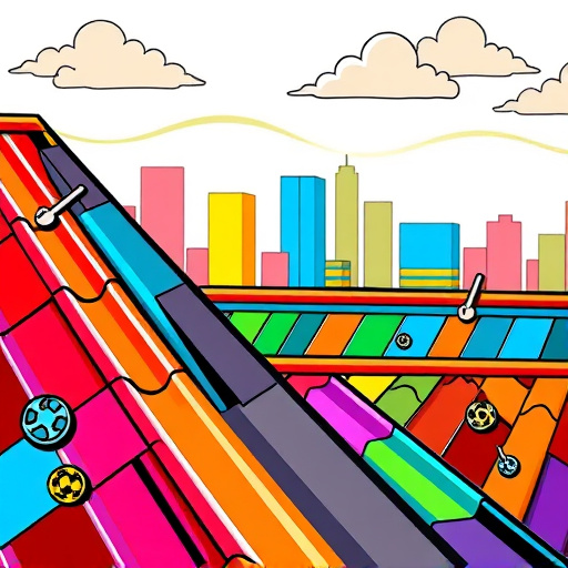 A vibrant PopArt cover image themed around "roofing sheet metal" showcases an abstract representation of various roofing materials in bold, colorful patterns. The composition features shiny metallic sheets in bright reds, blues, greens, and yellows, arranged in overlapping geometric shapes. The playful yet professional mood blends humor and craftsmanship, highlighting the innovative spirit of the roofing industry. Quirky details include cartoonish screws and fasteners with exaggerated expressions, each uniquely designed and colored, adding personality and whimsy. The background presents a stylized city skyline of simplified, colorful buildings, emphasizing the architectural relevance, while abstract clouds in contrasting pastels float above, enhancing the vibrant atmosphere. Thick black outlines characteristic of PopArt emphasize the metallic sheen, drawing the viewer's attention to the intricate details of the roofing material world.