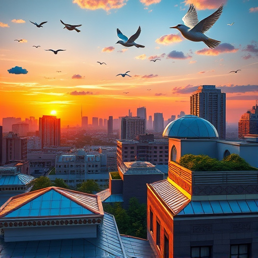 Alt text: A vibrant urban skyline at sunset featuring sleek metal-roofed buildings glimmering in fading sunlight. The foreground showcases intricate Art Deco architectural motifs with decorative patterns and lush green rooftop gardens, contrasting with the metallic surfaces. Whimsical elements include stylized clouds shaped like various roofing materials and playful metallic birds soaring above the rooftops. The background presents a softly glowing orange and purple sky, conveying calm and stability, while geometric patterns enhance the Art Deco theme. The color palette of deep blues, vibrant oranges, and metallic silvers creates a sleek yet warm ambiance, reflecting the theme of urban roofing.