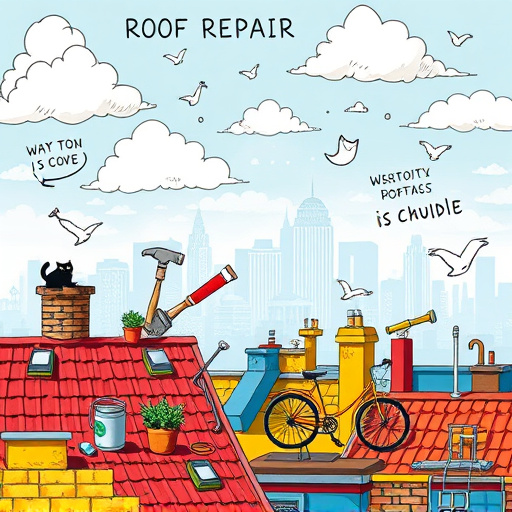 A vibrant street art-inspired cover image focusing on roof repair features a whimsical rooftop scene. In the foreground, an array of colorful rooftops showcases various styles and materials, with quirky elements such as a garden of potted plants, a playful cat lounging, and a vintage bicycle leaning against a chimney. Scattered throughout are tools of the trade, including hammers, nails, and paint cans, artistically highlighting the theme of home maintenance. The tone is upbeat and humorous, inviting viewers to embrace the lighter side of roofing. A bright blue sky filled with fluffy white clouds serves as the background, while distant silhouettes of city skylines enhance the sense of bustling urban life. Each structure is painted in bold, saturated colors—reds, yellows, and blues—contrasting with the soft hues of the sky. Graffiti-style doodles of clouds, birds, and playful slogans add personality, inviting viewers into the charming chaos of roofing adventures.