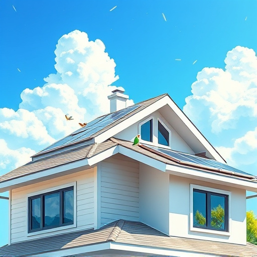 A visually striking blog cover image featuring a modern house designed with an innovative roofing system, where the fascia is seamlessly integrated into the architecture. The foreground highlights a close-up view of intricately textured fascia boards, decorated with subtle patterns that suggest advanced construction techniques. The tone is professional and inviting, reflecting the importance of quality roofing in home design. Whimsical elements such as colorful birds nesting in the eaves and solar panels that blend into the roofline symbolize eco-friendly innovations. The background showcases a clear blue sky with stylized, dynamic clouds, evoking a sense of upward movement and progress. The artwork embodies a 'Futurism' style, characterized by sharp lines and vibrant colors like turquoise, silver, and bright green, enhancing the modern aesthetic of the roofing industry.