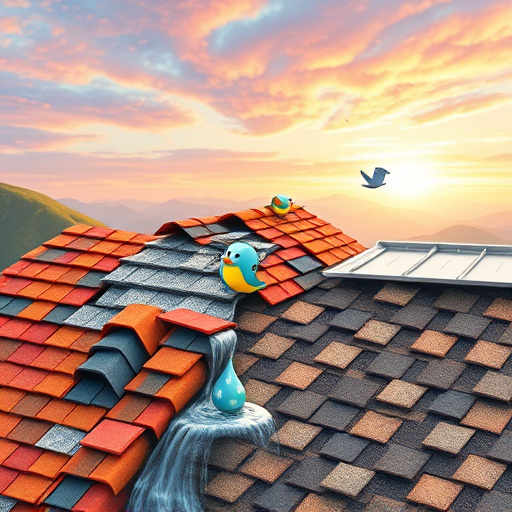 A whimsical blog cover image centered on "roofing materials," featuring a cascading waterfall of shingles, tiles, and metal sheets. The vibrant and textured shingles suggest cedar and asphalt, while the rich, earthy hues of terracotta and slate tiles display subtle patterns. A glistening metallic rooftop reflects modern durability under bright sunlight. Animated raindrops splash playfully against the materials, with each droplet illustrating installation tools like hammers and measuring tapes. The background showcases surreal rolling hills made from roofing supplies beneath a pastel sky transitioning from dawn to dusk, filled with swirling pinks, blues, and golds. Tiny cartoonish birds with vibrant feathers nest atop a shingle roof, adding a lighthearted touch. The art style reflects Symbolism, emphasizing vivid colors and imaginative forms, showcasing the craftsmanship of roofing while blending professionalism with a playful aesthetic.