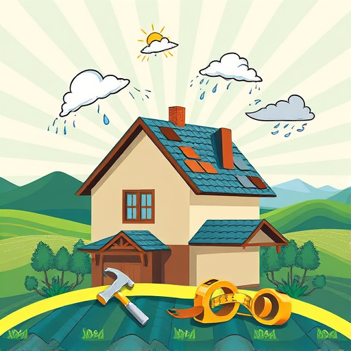 A vibrant OpArt cover image themed around "roofing repair near me," featuring a stylized house with a geometrically patterned roof in shades of blue and earthy tones. Abstract representations of shingles, tiles, and metal sheets swirl around the house, symbolizing dynamic roofing repair. Above, whimsical cartoon clouds illustrate various weather conditions – sunny, light drizzle, and gusty winds – highlighting the importance of dependable roofing. The background showcases softly undulating hills in lush greens against a surreal, radial patterned sky, creating a mood of stability. Oversized tools, including a hammer and measuring tape, are playfully included in the foreground, inviting viewers to engage with the practical aspects of roofing repair. The artwork radiates energy, presenting roofing repair services with a lighthearted, approachable tone.