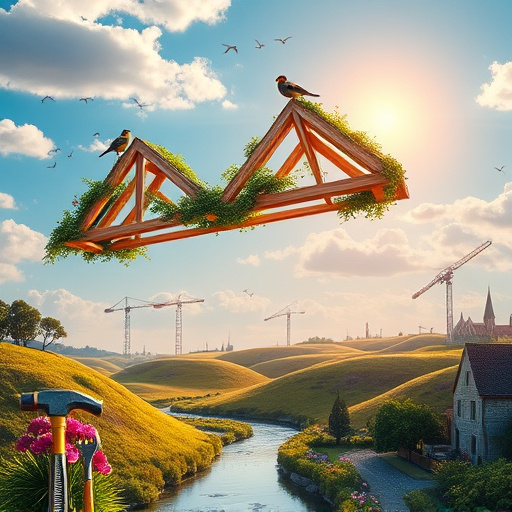 Surrealistic blog cover image featuring oversized wooden roofing trusses floating in a bright blue sky, casting whimsical shadows on rolling green hills below. The trusses are adorned with lush greenery and vibrant flowers, while birds perch on them like trees. A gentle river winds through a fantastical garden filled with oversized tools such as hammers and wrenches growing like flowers. An ethereal sun emits warm golden light, soft pink and lavender clouds enhancing the serene atmosphere. In the background, a whimsical village with uniquely shaped rooftops showcases creativity in architecture, blending construction elements with nature, inspiring wonder and creativity around the theme of roofing trusses.