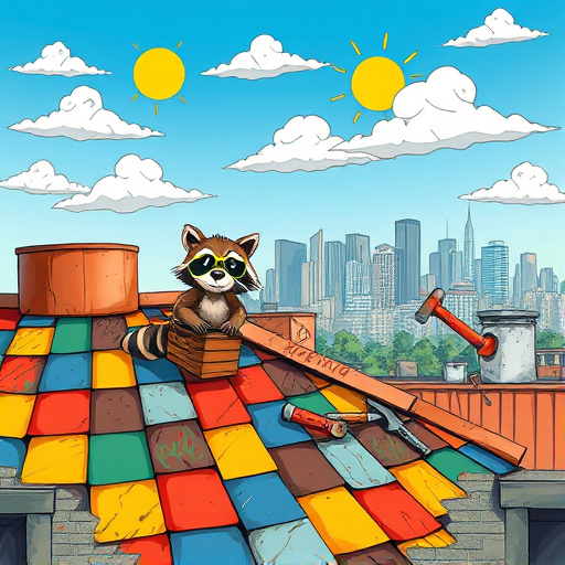 A vibrant urban rooftop scene showcasing a colorful, patched-up roof with mismatched tiles and playful graffiti art, emphasizing a whimsical yet professional vibe. In the foreground, a cartoonish raccoon holding a toolbox winks mischievously, overseeing the repair process. Scattered bright-colored tools like hammers and wrenches add a fun element to the scene. The background features a city skyline under a clear blue sky, with a sun wearing sunglasses enhancing the playful atmosphere. Exaggerated stylized clouds and flecks of contrasting spray paint enhance the urban feel. The art style uses strong lines, bold shapes, and a warm color palette of oranges, blues, and greens, with bright yellow and red accents conveying creativity and energy. This engaging composition captures the essence of community and artistic expression, making it an ideal cover for a blog about roofing repair.