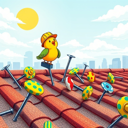 A vibrant PopArt blog cover image themed around "roofing nails," featuring an oversized, colorful illustration of roofing nails scattered on a rooftop-textured surface. The nails are exaggerated in size with quirky patterns like polka dots and stripes in vivid yellow, blue, and red, creating a lively atmosphere. A whimsical cartoon bird in a hard hat perches on one nail, holding a mini toolbox, adding a playful construction element. The background showcases a stylized sunny sky with fluffy clouds and subtle hints of a city skyline, emphasizing an urban roofing adventure. The overall cheerful and saturated color palette enhances the inviting tone, engaging readers interested in home improvement topics.