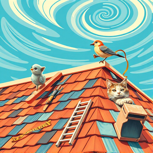 A vibrant blog cover image illustrating the theme of "Roofing Contractors." The scene features an abstract rooftop design with geometric patterns, showcasing various roofing materials such as shingles, tiles, and metal sheets. Whimsical tools like hammers, measuring tapes, and ladders are integrated into the OpArt style, characterized by bold lines that create an illusion of depth. Quirky details, including a friendly cat peeking from under a roof tile and a bird holding a mini hammer, add personality while avoiding human figures. The background displays a clear blue sky with swirling clouds, enhancing the uplifting mood, and the color palette includes vibrant shades of teal, orange, and cream, symbolizing optimism and creativity. The intricate patterns and contrasts ensure the imagery is both striking and memorable, capturing the reliability and expertise of roofing contractors.