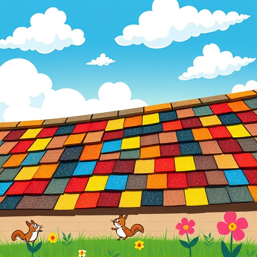 A vibrant blog cover image featuring an array of colorful roofing shingles, showcasing various styles and textures arranged in a cascading effect. Quirky elements include cartoon-style birds peeking under the shingles and playful squirrels “helping” with the installation, creating a lighthearted and cheeky tone. The background is a bright blue sky dotted with fluffy white clouds, complemented by green grass and abstract flowers below, adding a whimsical nature element. The image emphasizes bold outlines and a lively color palette of sunny yellows, vibrant reds, and cheerful blues, embodying a fun exploration of roofing choices in a PopArt style.
