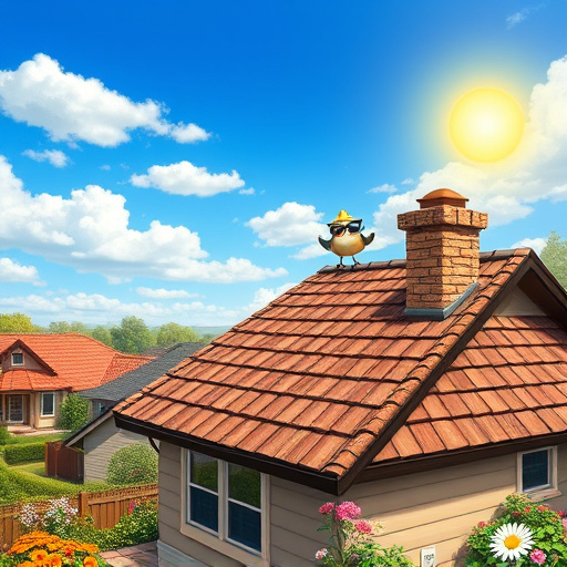 A vibrant blog cover image for a roofing company, showcasing a detailed roof with various materials like shingles, tiles, and metal sheets, under a bright blue sky with fluffy white clouds. A cheerful cartoon sun wearing sunglasses beams down, while a small bird in a hard hat perches on the roof's edge and a playful cat peeks from a chimney, adding a whimsical touch. Surrounding the house is a lush garden filled with blooming flowers, highlighting care and maintenance. The background includes a neighborhood scene with nearby houses basking in golden sunlight, creating a warm and inviting atmosphere. The image uses a bright color palette with earthy tones for the house and roof, complemented by vivid garden colors, evoking reliability and warmth to attract potential customers.