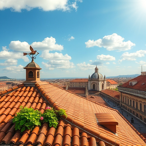 A captivating blog cover image depicting roofing ventilation features an expansive rooftop scene under a serene azure sky. The focal point is a skillfully crafted wooden roof, contrasting elegantly with terracotta tiles, showcasing a range of integrated ventilation systems. Hand-painted clouds drift softly, while vibrant green plants peek from the roof edges, symbolizing sustainability. A whimsical weather vane shaped like a bird adds charm, displaying intricate feather details, alongside colorful flowers adorning the ledges. In the background, a picturesque cityscape of brick buildings and historical Renaissance architecture emerges, with soft sunlight filtering through the clouds, enhancing the rich earthy tones of the rooftops. The mood exudes calm professionalism, inspiring trust and expertise in roofing systems optimization for ventilation, all while incorporating artistic elements.