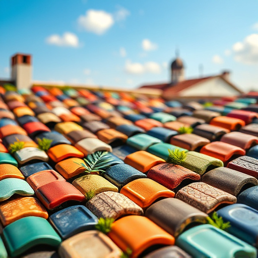 Photorealistic cover image featuring an array of vibrant ceramic roofing tiles arranged in a mosaic pattern. The tiles showcase a variety of colors, including deep blues, rich terracottas, and earthy greens, with intricate designs and textures. Some whimsical tiles shaped like leaves and flowers peek through, adding a playful touch. In the background, a softly blurred picturesque roofscape under a bright blue sky enhances the focus on the tiles. Natural, warm lighting casts gentle shadows to highlight the tiles' craftsmanship, while subtle nature elements like soft moss and reflective clouds create a captivating interplay between natural and crafted elements. The overall warm and inviting color palette reflects a playful yet professional tone.